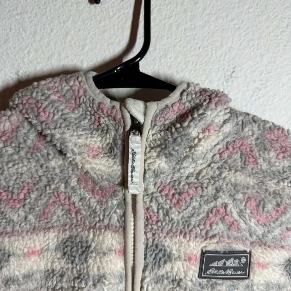 Eddie‎ Bauer Jacket Girls M(10-12) Gray Aztec Sherpa Fleece Hooded Logo Full Zip